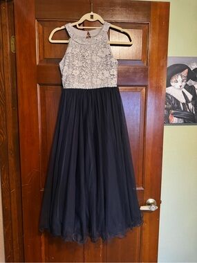 Xhilaration Silver Lace Bodice Navy Tulle Skirt Dress